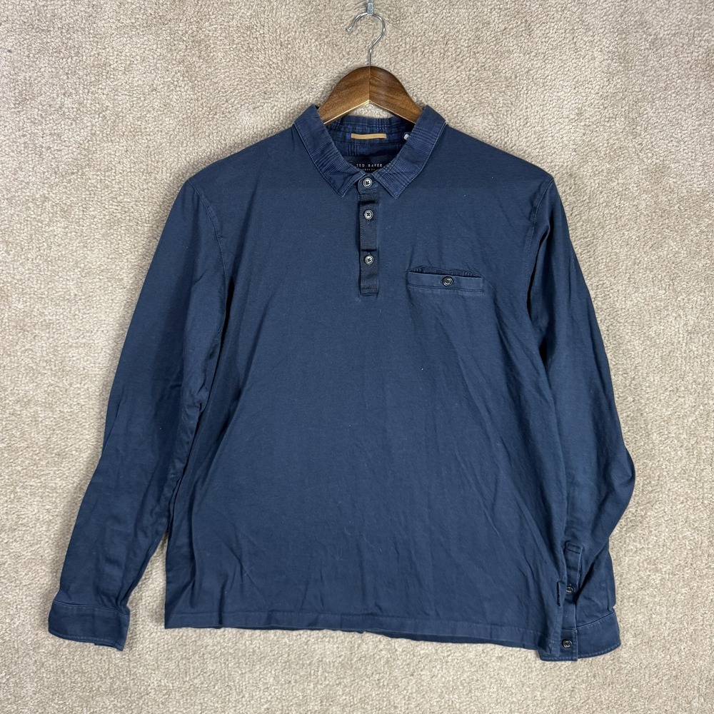 Ted Baker Polo Shirt Mens Large 5 Navy‎ Long Sleeve Henley Button Pocket Cotton